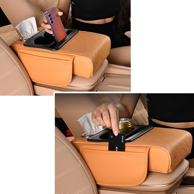 Car Armrest Cushion,5-in-1 Center Console Cover with 2 Storage Bags Cup Holder, Tissue Box Slot, Phone Slot for Sedans, Car Accessories Interior Organizers (Black)