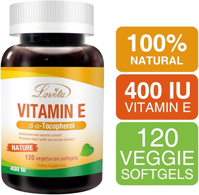 Lovita Vitamin E 400 IU Softgels, Natural 268 mg (as D Alpha Tocopherol), Vegan Vitamin E for Healthy Skin, Hair, Nails & Immune System Support, 120 Vegetarian Softgels (Pack of 3)