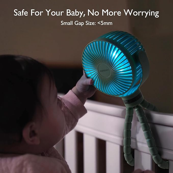 Momcozy 8000mAh Portable Stroller Fan, 27H Ultra-long Battery Life Detachable 4 Speed 360°Rotate LED Night Light with 2 Modes, USB Rechargeable Handheld Cooling Fan for Travel/Car Seat/Bedroom