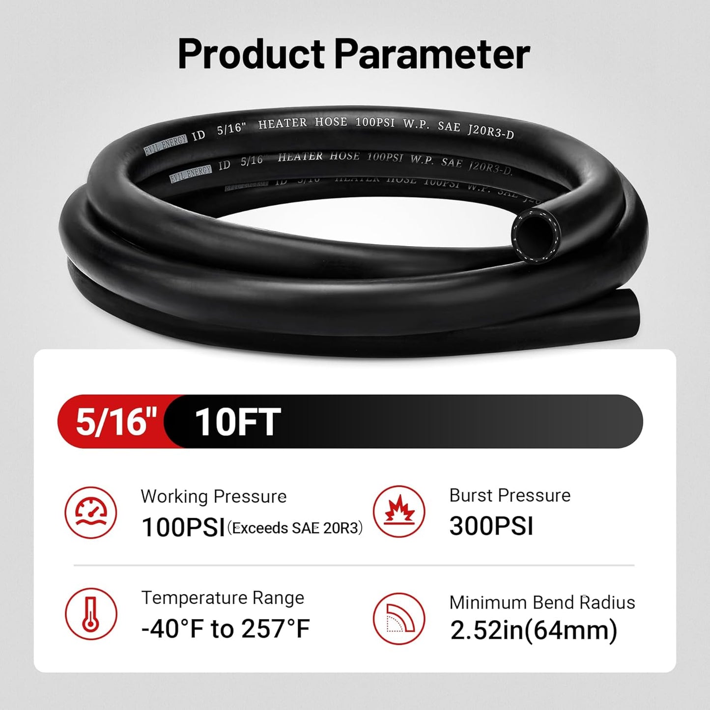 EVIL ENERGY 5/16" Heater Hose Coolant Radiator Straight 100PSI SAE 20R3 10FT Black
