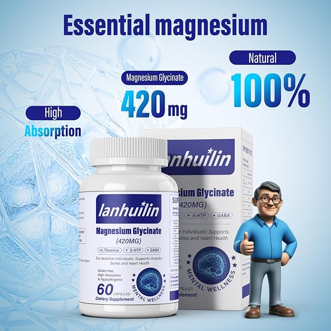 6-in-1 Magnesium Complex, 420mg Pure Magnesium Glycinate, Magnesium Supplement with GABA, 5-HTP, L-Theanine, L-Tyrosine, Vegetarian & High Absorption, 60 Capsules