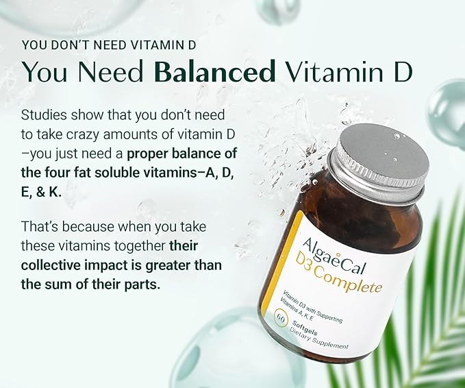 ALGAECAL 4-in-1 Vitamin D3 K2 Complete - ADK Vitamin Supplement, Enhanced Immune Support & Bone Health with D3 K2, A, & E - Whole Body Wellness & Bone Strength, 60 Easy-Swallow Softgels, Made in USA