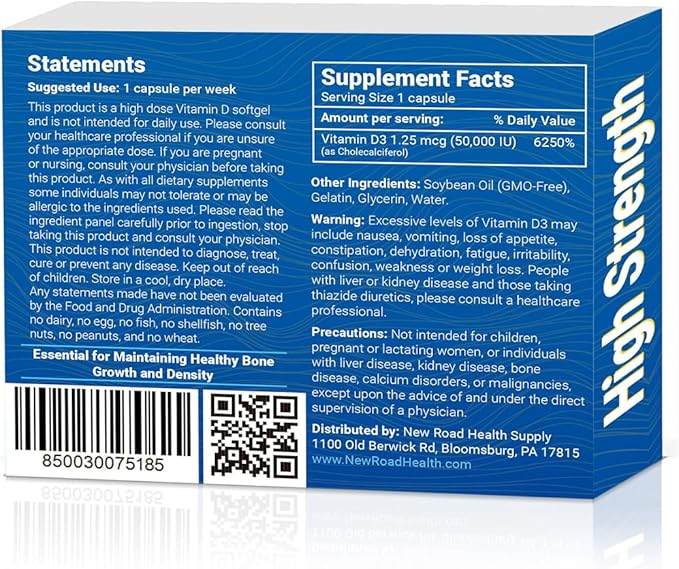 New Road Health Supply - Vitamin D 50000 IU, Once Weekly Dose, Easy to Swallow Vitamin D Softgel for Bones, Teeth, and Immune Support, Gluten Free,12 Count