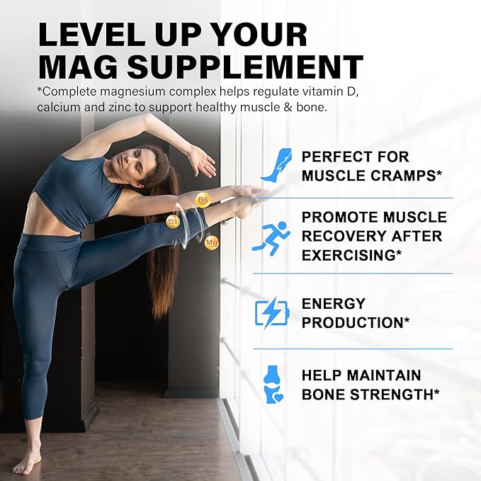 Magnesium Complex Supplement 500mg, 8 Active Forms Maximized Absorption– Glycinate, Citrate, Taurate & D3, B6 for Calm, Sleep & Healthy Muscle, 120 Capsules - 60 Count (Pack of 2)