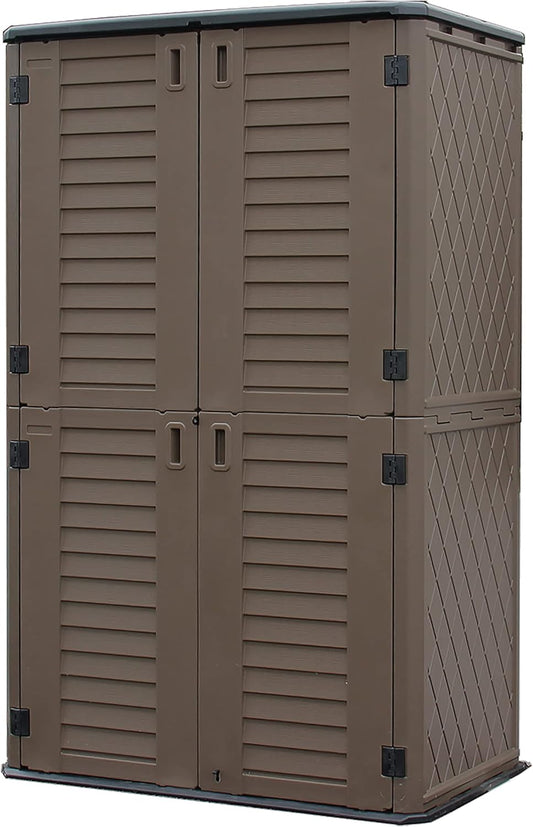 Sheds & Outdoor Storage, 52 Cu.ft Vertical Storage with Floor, Cabinet Waterproof for Garage Pool Bike Shed, Garden , Coffee Brown