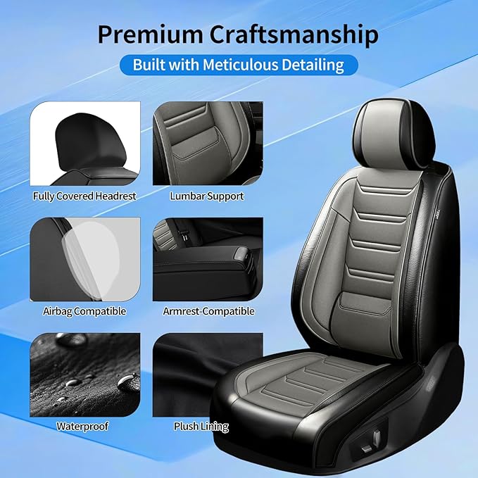 Fit RAV4 Car Seat Covers for Select Toyota RAV 4 2013-2026/RAV4 Hybrid - Premium Full Coverage Leather, Waterproof & All Weather Seat Cushion Protector, Front Pair Black+Gray
