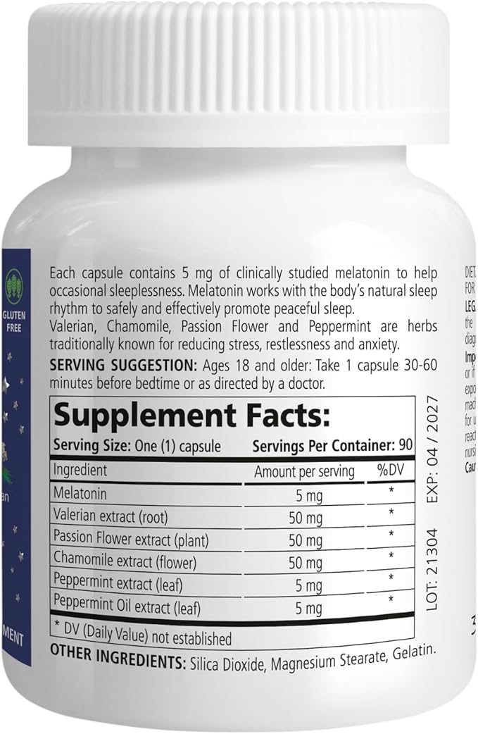 Melatonin Sleep Herbal Blend - Natural Sleep Aid for Adults with 5mg Melatonin & Sleep-Promoting Herbs - Drug-Free, Non-Habit Forming Sleep Supplement, 90 Capsules, 90-Day Supply