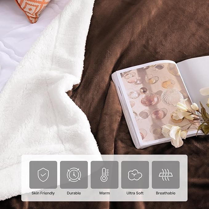IR Imperial Rooms Sherpa Blankets Queen Size - Thick and Warm Blankets for Winter, Reversible Soft and Fuzzy Fluffy Queen Size Blanket for Bed, Coffee, 90x90 Inches