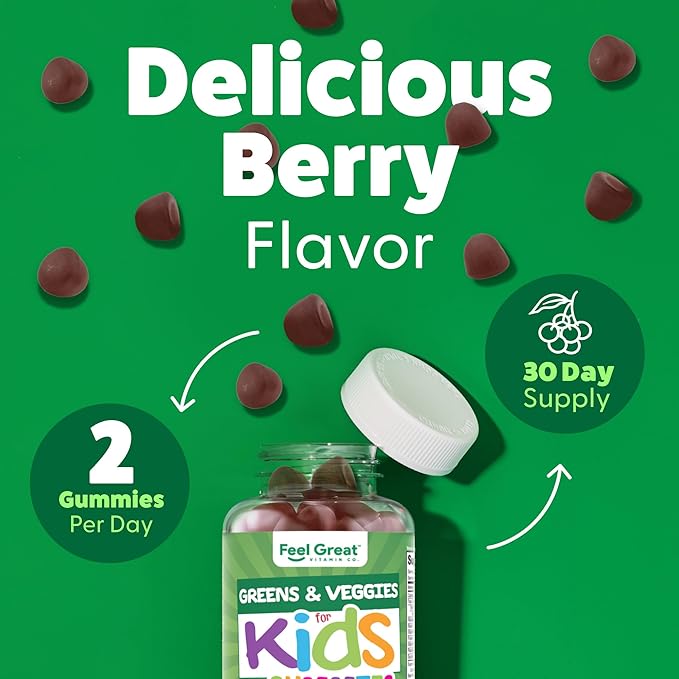 Feel Great Super Green Gummies for Kids | Fruit and Vegetable Gummies | Vegan Veggie Gummy Multivitamin for Kids | Veggie Fiber Supplement | 60 Count