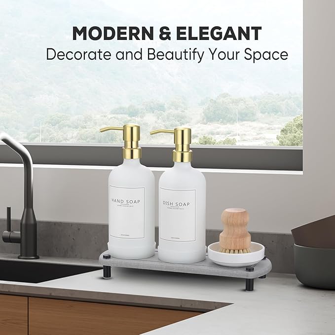 Kitchen Soap Dispenser Set with Instant Dry Tray,16 Oz Hand and Dish Soap White Glass Dispenser Set,Stainless Steel Pump,Waterproof Labels&Dish Brush,Luxury Soap Bottle for Kitchen,Bathroom