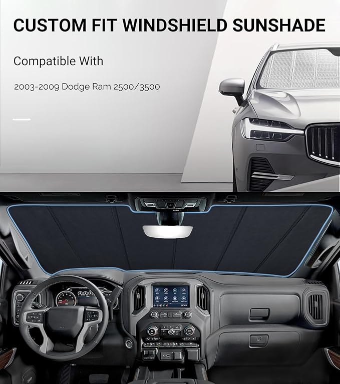 Windshield Sun Shade for Ram 2500/3500 2002-2009. Reflective Aluminum Film Front Window Sunshade - BLAZBLOCK