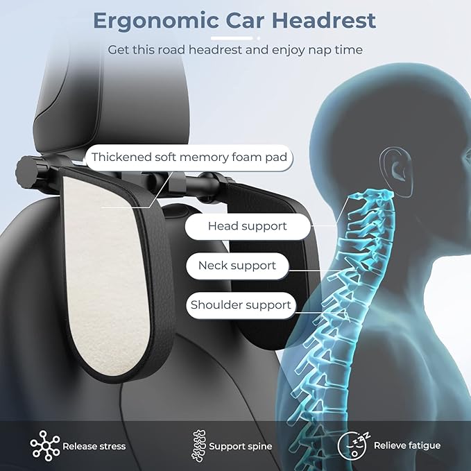 Yoocaa Adjustable Car Headrest Pillow, Road Pal Headrest, U-Shaped Travel Sleeping Pillow for Kids & Adults, Head Neck Support Only Suitable for Car Seat Headrest with Poles, Black