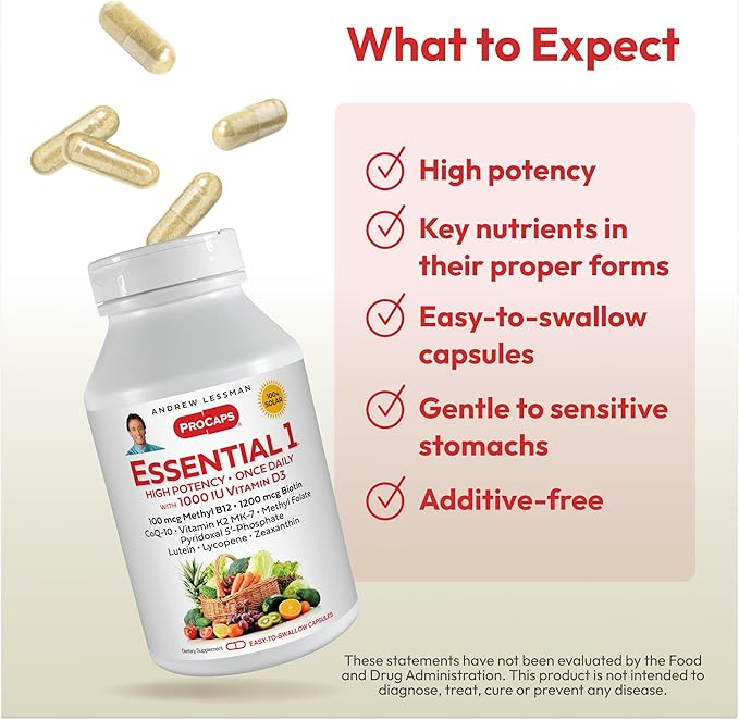 ANDREW LESSMAN Essential-1 Multivitamin 1000 IU Vitamin D3 360 Small Capsules - 100 mcg Methyl B12. CoQ10 Lutein Lycopene Zeaxanthin. High Potency. No Additives. Ultra-Mild. One Daily Capsule