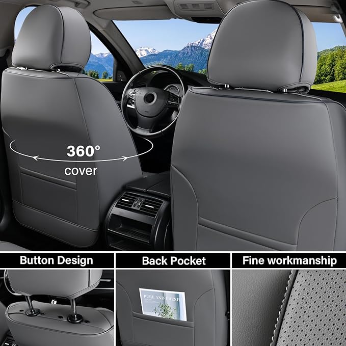 Coverado Car Seat Covers Full Set, Seat Covers for Cars, Gray Car Seat Protector Waterproof, Nappa Leather Car Seat Cushion, Car Seat Covers Front Seats and Back Fit for Most Cars