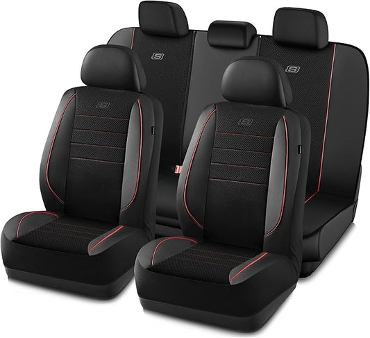 Skechers Air-Cooled Memory Foam Seat Covers,Mesh Thick Car Seat Covers,Piping Leather Car Seat Cover Full Set,Airbag Compatible,Automotive Comfort Universal Fit Most Cars,Vans,Trucks,SUV,Red
