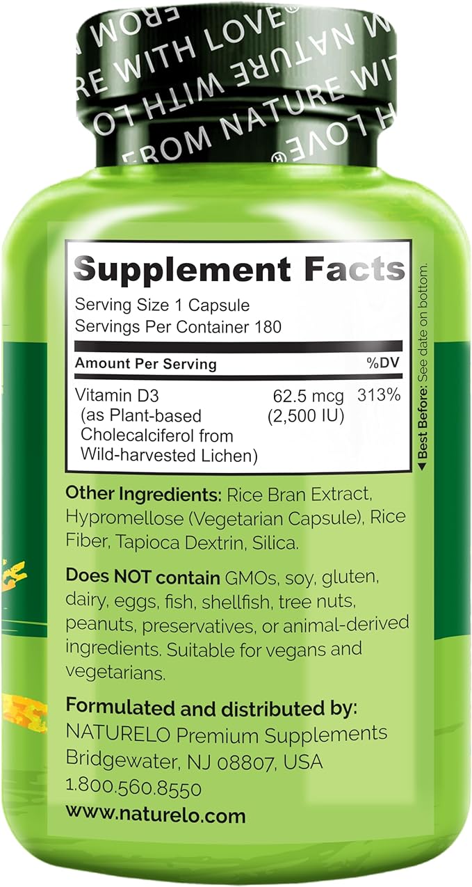 NATURELO Vitamin D - 2500 IU - Plant Based from Lichen - Natural D3 Supplement for Immune System, Bone Support, Joint Health - Vegan - Non-GMO - Gluten Free - 180 Capsules
