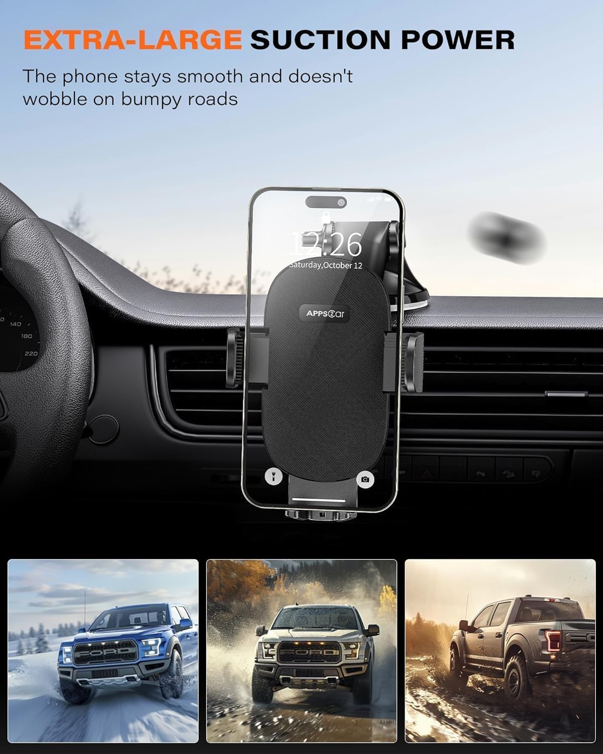 APPS2Car Car Phone Holder for Dashboard & Windshield, Adjustable Long Arm, Strong Suction Cup, Compatible with iPhone, Samsung, All Phones
