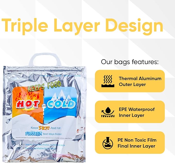 Superio Hot and Cold Insulated Bags for Food Delivery, Grocery Shopping Bags, Food Storage for Hot and Frozen Food for Travel, Disposable Cooler Bag, Reinforced Thermal Lunch Bag (1, 13.5"x17.5")