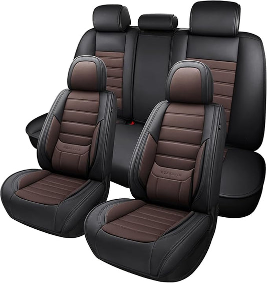 Car Seat Covers Full Set, Brown Car Seat Cover Lumbar Support, Car Seat Protector Waterproof, Nappa Leather Car Seat Cushion, Front Seats and Back Fit for Most Cars