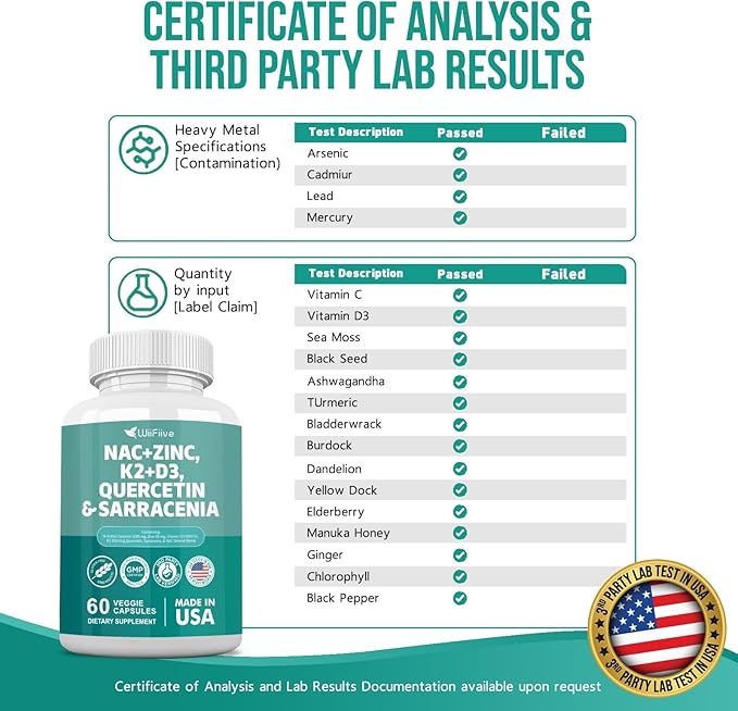 NAC Supplement N-Acetyl Cysteine NAC 1000mg Zinc Blend 50mg k2 100mcg Vitamin D3 5000 IU N-Acetyl Cysteine 1000mg Quercetin 1000mg Sarracenia Purpurea 1000mg L-Lysine Supplement, 60 Count