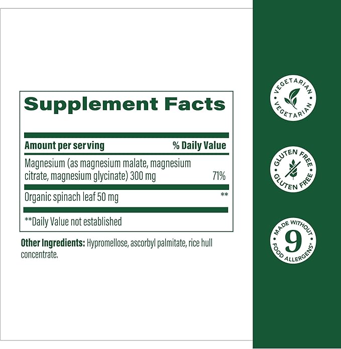 MegaFood Magnesium 300 mg - Highly Absorbable Blend of Magnesium Glycinate, Citrate & Malate to Help Support Heart, Nerve Health & Relaxation - 120 Capsules (60 Servings)