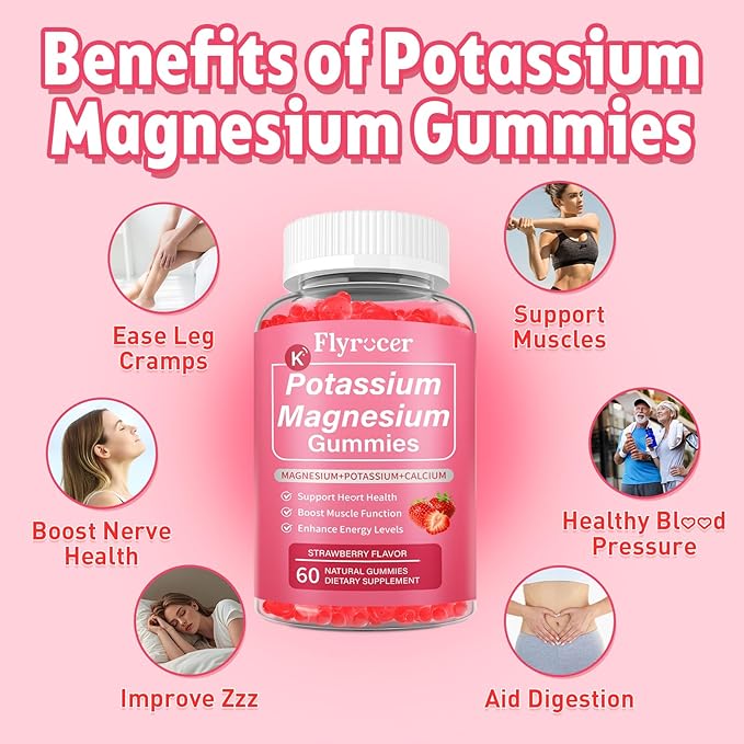 Potassium Magnesium Gummies for Men & Women, Potassium Magnesium Supplement for Leg Cramps, Muscle Health, & Electrolyte Balance, Strawberry Flavor, 60 Gummies