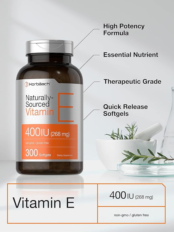 Horbäach Vitamin E Softgel Capsules | 400 iu | 268mg | 300 Count | Non-GMO and Gluten Free Naturally-Sourced Formula | D-Alpha Tocopherol