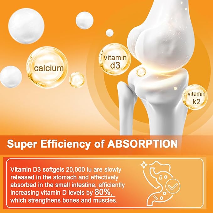 Vitamin D3 20,000 IU + Vitamin K2( MK7 )200mcg - Optimal Vitamin D3 & K2 Softgel - Strong Bones & Muscle, Calcium Absorption & Immune Support, Helping Vitamin D Deficiencies, Easy to Swallow, Non GMO