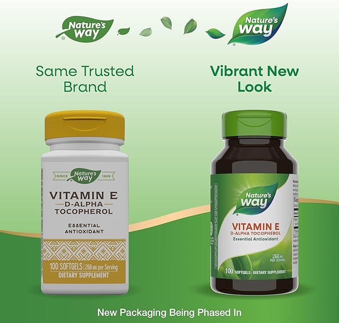 Nature’s Way Vitamin E D-Alpha Tocopherol - 268 mg per serving - Antioxidant – Essential Nutrient for Heart Muscle Cells* - Gluten Free - 100 Softgels