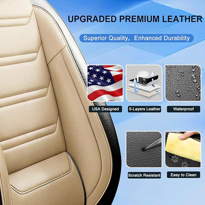 Fit RAV4 Car Seat Covers for Select Toyota RAV 4 2013-2026 /RAV4 Hybrid - Premium Full Coverage Leather, Waterproof & All Weather Seat Cushion Protector, Full Set, Black+Beige