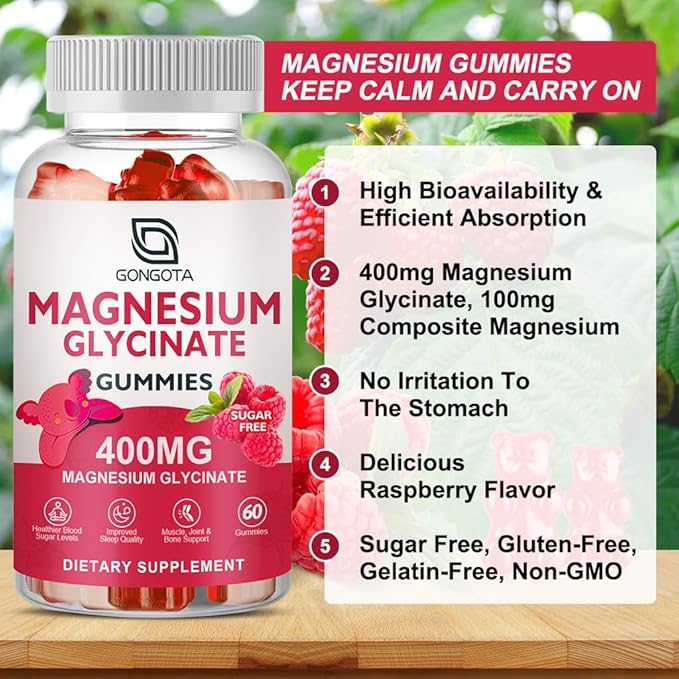 Magnesium Glycinate Gummies 400 mg with 100 mg Composite Magnesium - Chelated Magnesium Potassium Supplement with Vitamin D, B6 Supports Calm, Sleep, Memory & Muscle Cramps,Sugar Free - 60 Gummies