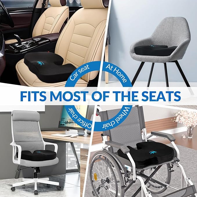 Seat Cushion for Office Chair & Car - Memory Foam Coccyx Support Pillow with Non-Slip Cover, Sciatica & Lower Back Pain Relief,Ergonomic Seat Pad for Long Drives (Medium Firm-Black)