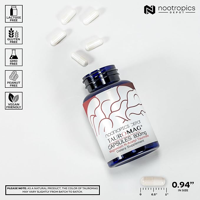 Nootropics Depot Tauromag Capsules | 800mg Magnesium N-Acetyl Taurinate | 30 Count