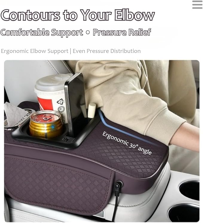 2026 Enhanced Car Center Console Armrest Cushion with USB& Type-C Charging, PU Leather Console Pad with Cup Holders, Storage& Tissue Outlet for Most Vehicles (Sloped Version, Grey)