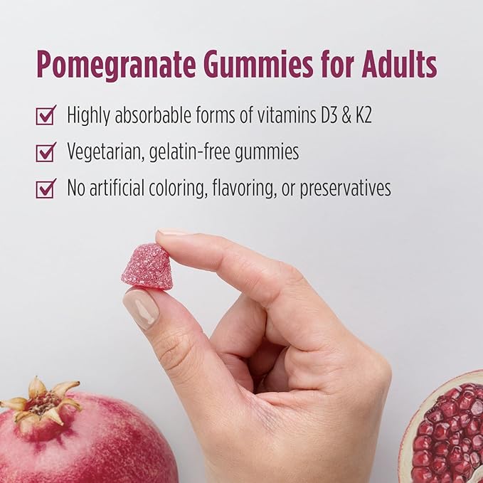 Nordic Naturals Vitamin D3 + K2 Gummies, Pomegranate - 60 Gummies - 1000 IU Vitamin D3 + 45 mcg K2 - Great Taste - Bone Health, Promotes Healthy Muscle Function - Non-GMO - 60 Servings
