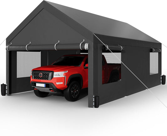 Shintenchi Carport 12' x 20' Heavy Duty Portable Garage, Carport Canopy with Side-Opening Door & Roll-Up Windows, Car Canopy for Truck,Car,Boat,Grey