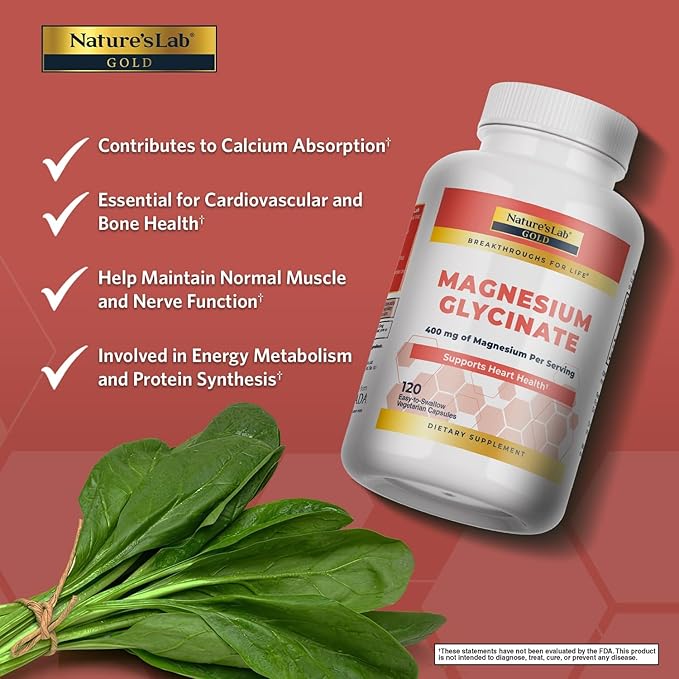 Nature’s Lab Gold Magnesium Glycinate 400mg - Supports Cardiovascular Health, Muscle & Nerve Function* – 120 Capsules (30 Day Supply)