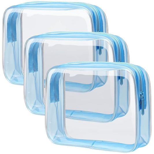 PACKISM Clear Toiletry Bag - 3 Pack Quart Size TSA Approved Toiletry Bag, Travel Makeup Cosmetic Bag for Women, Carry on Airport Airline Compliant Bag, Blue
