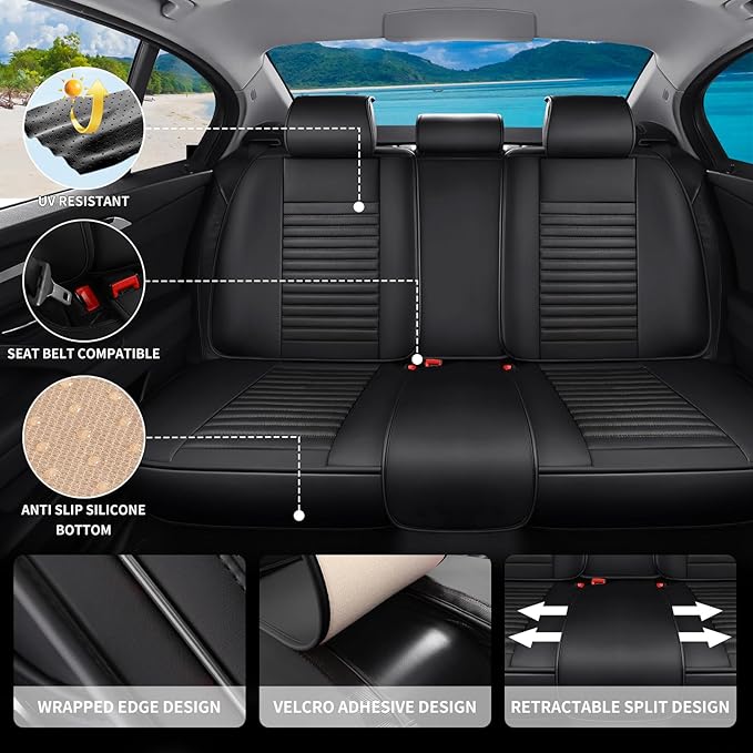 Truck Seat Covers Full Set Fit for Toyota Tacoma 2001-2023, Premium Faux Leather Car Seat Protector,Breathable Anti-Slip Full Wrapping Edge Seat Covers(Black,Full Set)