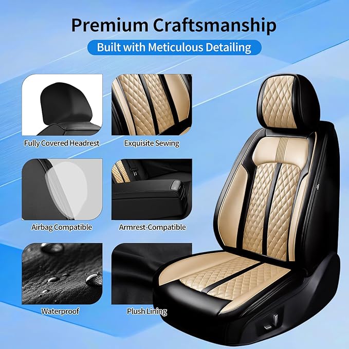 Fit RAV4 Car Seat Covers for Select Toyota RAV 4 2013-2026/RAV4 Hybrid - Premium Full Coverage Leather, Airbag Compatible, Waterproof & All Weather Seat Protector, Front Pair Black+Beige