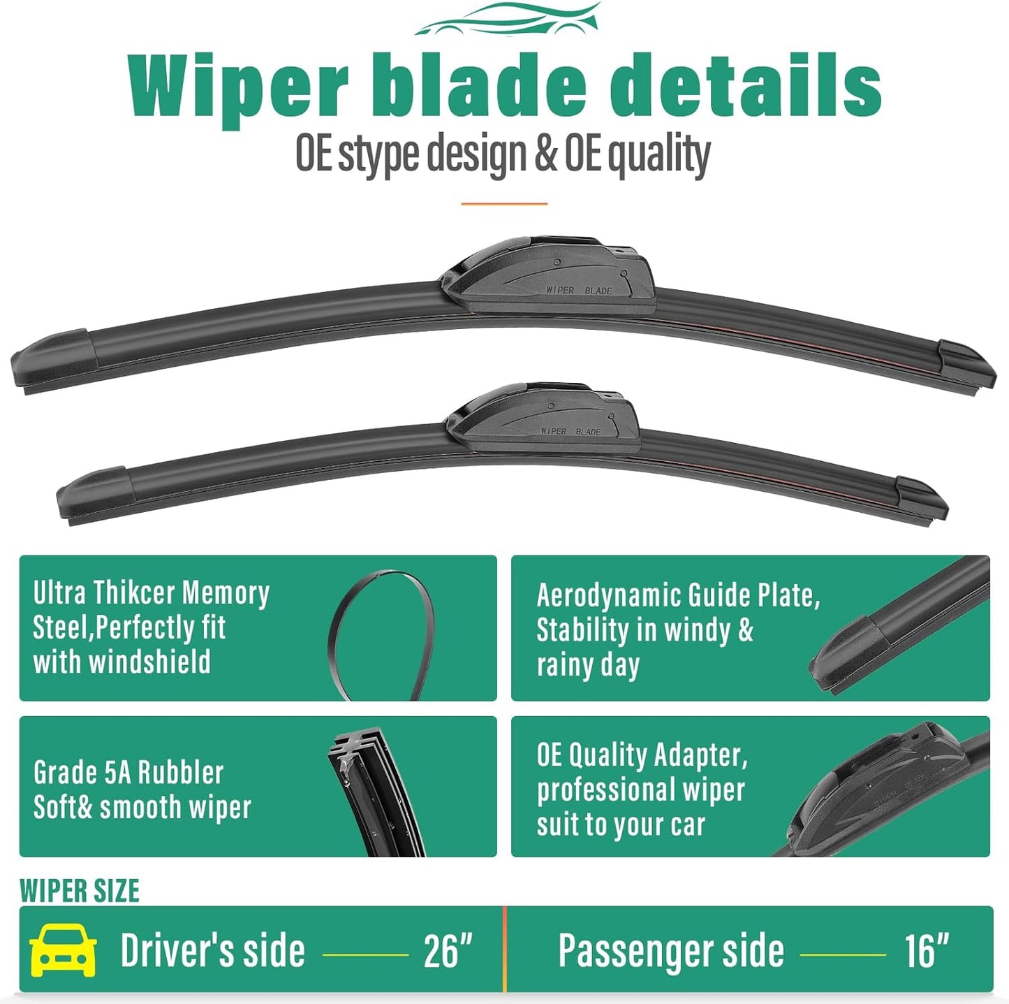 26" 16" 13" Windshield Wiper Blades Replacement for Honda CRV CR-V 2012 2013 2014 2015 2016 Premium All Weather Front Rear Wipers Set - OEM Quality (Pack of 3)