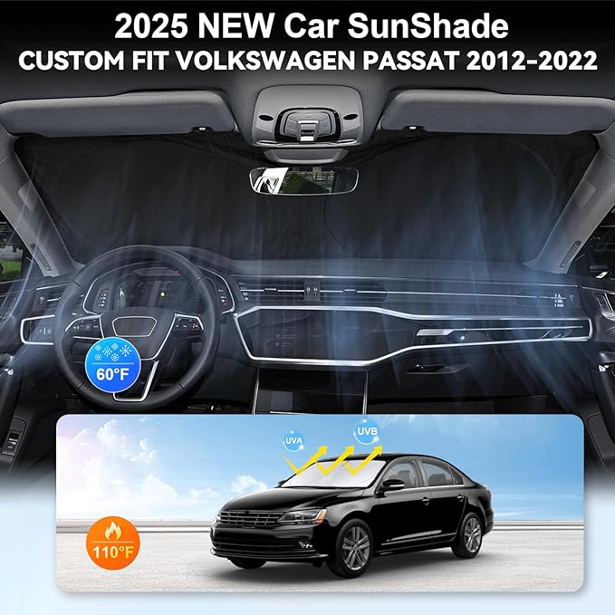 Custom Fit Passat Windshield Sunshade for 2012-2022 Volkswagen VW Passat Accessories Front Window Shield 210T Silver Coating Cover for Volkswagen Windshield Sun Visor Protector Blocks UV Keeps Cool