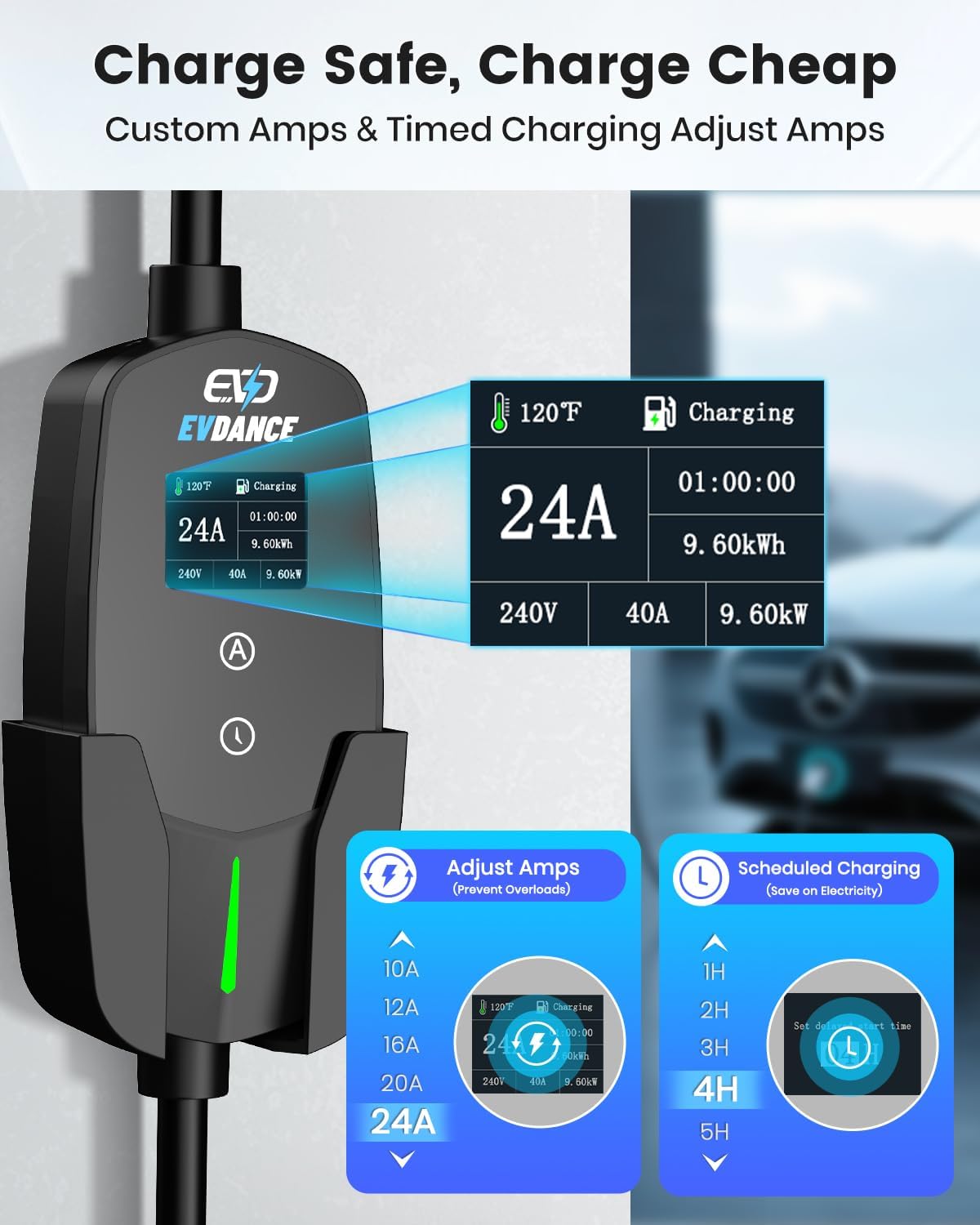 Level 2 EV Charger for Tesla Models, 24Amp 240V NEMA 14-30 Plug, 25FT Cable with Remote-Open Charge Port, 6-24A Adjustable EV Charging Station for Home/Garage Use, IP66 Waterproof