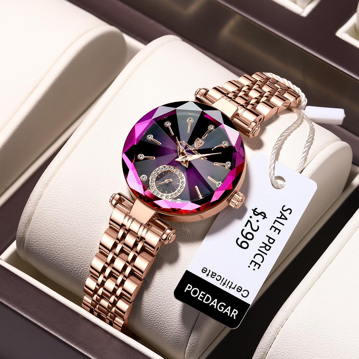 Gosasa Top Brand Luxury Women's Watch Diamond Dial Elegant Watch for Women Leather Quartz Fashion Ladies Wristwatch Waterproof Analog Display Stainless Steel