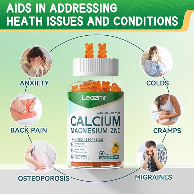 Calcium Magnesium Zinc Gummies with Vitamin D3 & K2 - High Potency Enhanced Absorption -120 Orange Gummies Flavored
