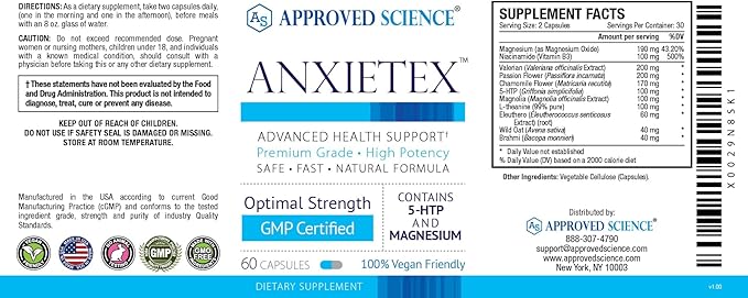 Approved Science Anxietex - Calm and Relaxation - L-Theanine and Magnesium - 60 Capsules - Vegan Friendly - 3 Month Supply
