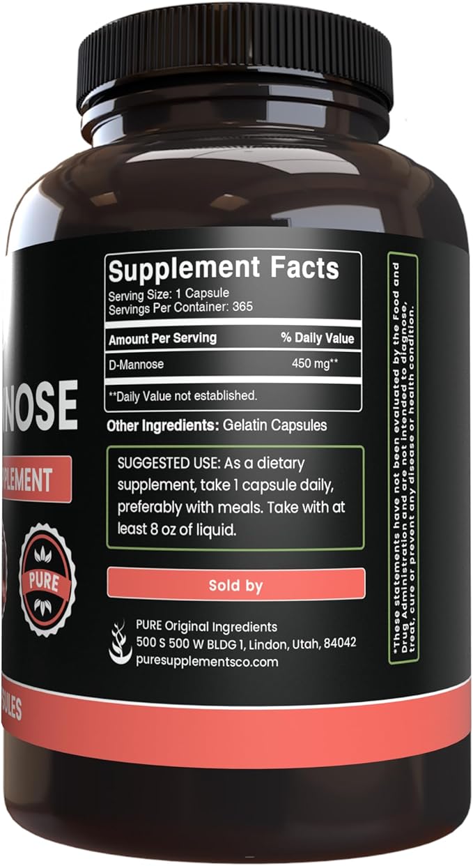 PURE ORIGINAL INGREDIENTS D-Mannose (365 Capsules) No Magnesium Or Rice Fillers, Always Pure, Lab Verified