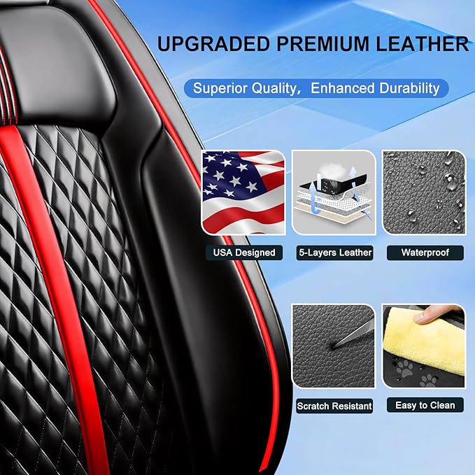 Fit RAV4 Car Seat Covers for Select Toyota RAV 4 2013-2025 2026 /RAV4 Hybrid - Premium Full Coverage Leather, Airbag Compatible, Waterproof & All Weather Seat Protector, Full Set, Red Trim