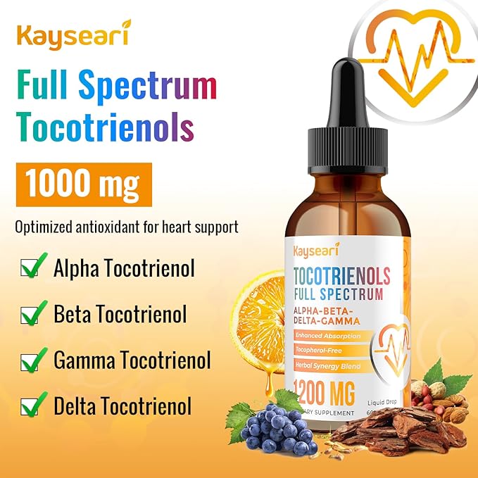 Full Spectrum of Tocotrienols Supplement 1200mg- Tocotrienol Vitamin E Liquid,Tocopherol-Free - Superior Antioxidant Blend - Higher Absorption - 2 fl oz,30 Servings