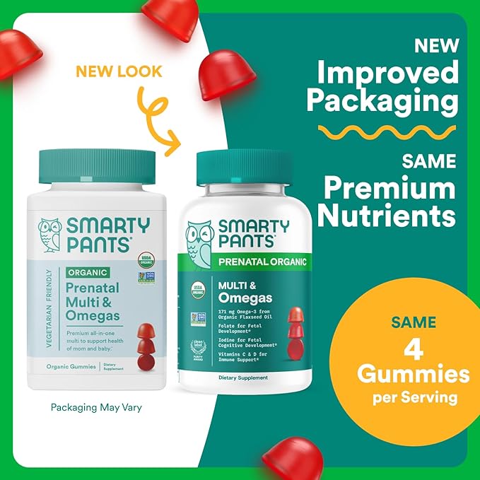SmartyPants Organic Prenatal Vitamins for Women, Multivitamin Gummies: Biotin, Methylfolate, Omega 3 (ALA), Vitamin D3, C, Vitamin B12, B6, A, K2 & Zinc, Choline, Vegetarian, 120 Count (30 Day Supply)